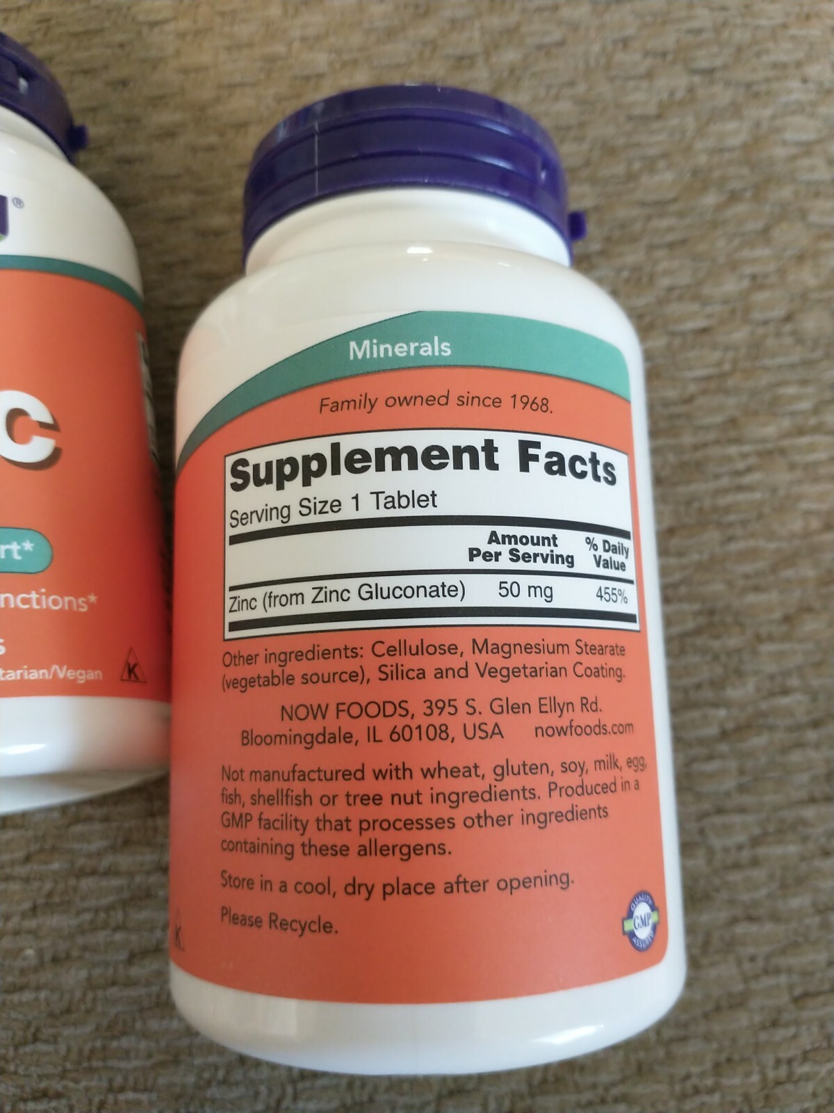 2 NOW Foods Zinc 50mg (Zinc Gluconate), Immune Support 250 Tablet Exp: 09/2025