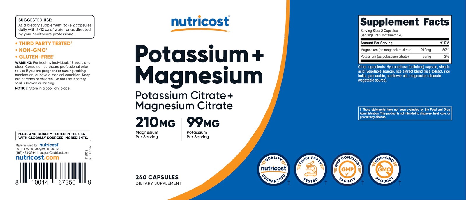 Nutricost Potassium (99 mg) Magnesium (210 Citrates, 240 Capsules -…
