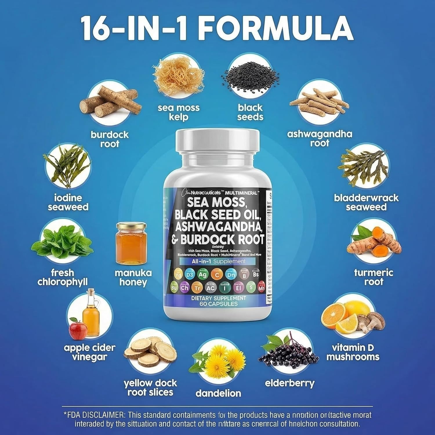 60 Caps Clean Nutraceuticals Sea Moss Blend Black Seed Ashwagandha Vitamins