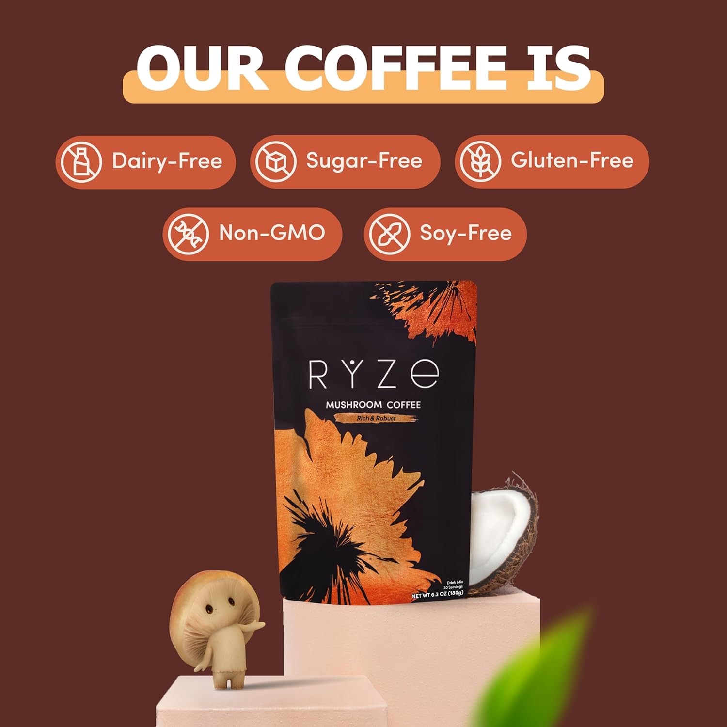 6 Mushroom Dark Roast Coffee Powder Adaptogen Prebiotic Blend Daily Drink Mix