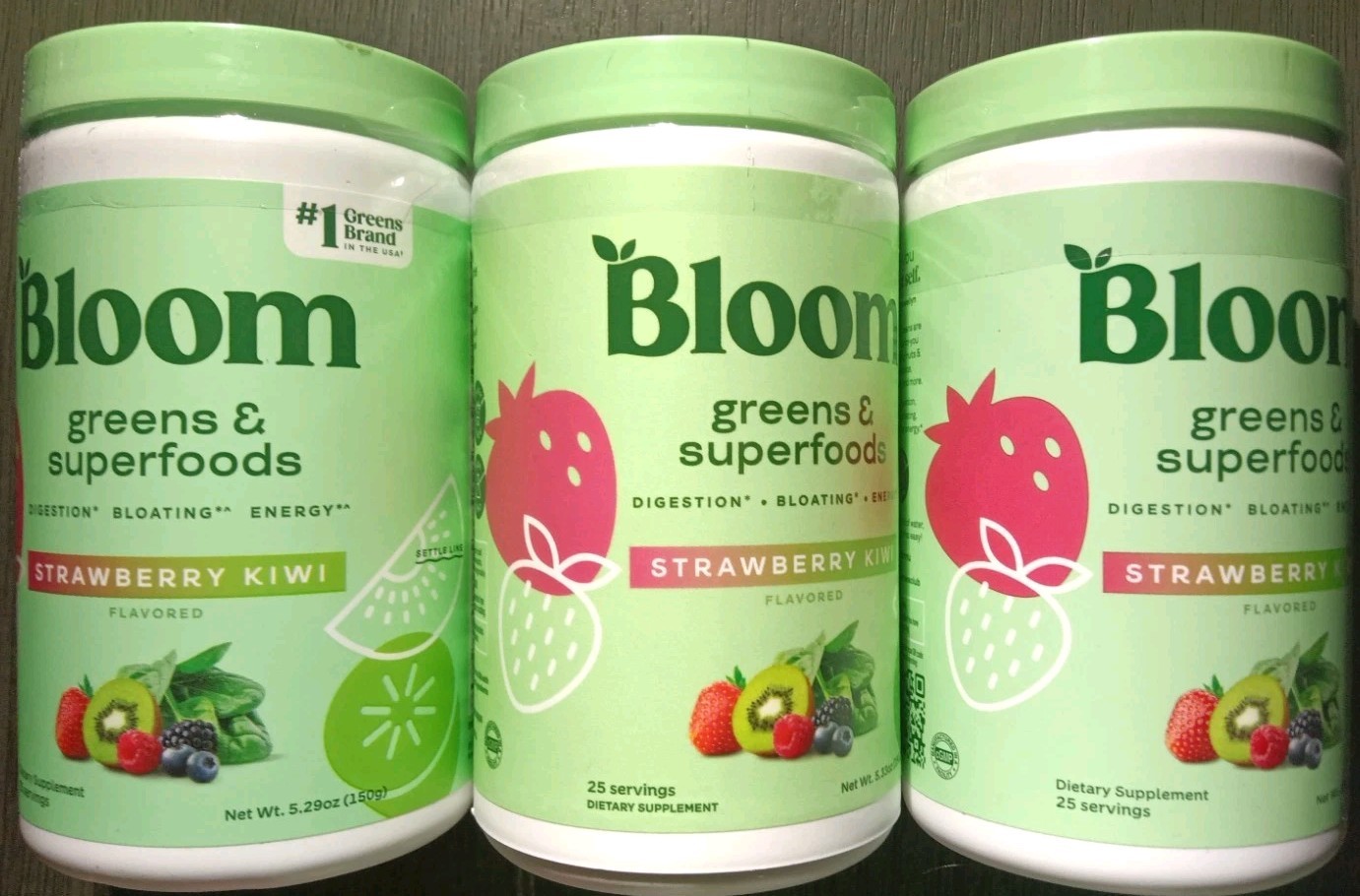 BLOOM GREENS & SUPER FOODS STRAWBERRY KIWI DIGESTION BLOATING 25 X3 75 SERVINGS!