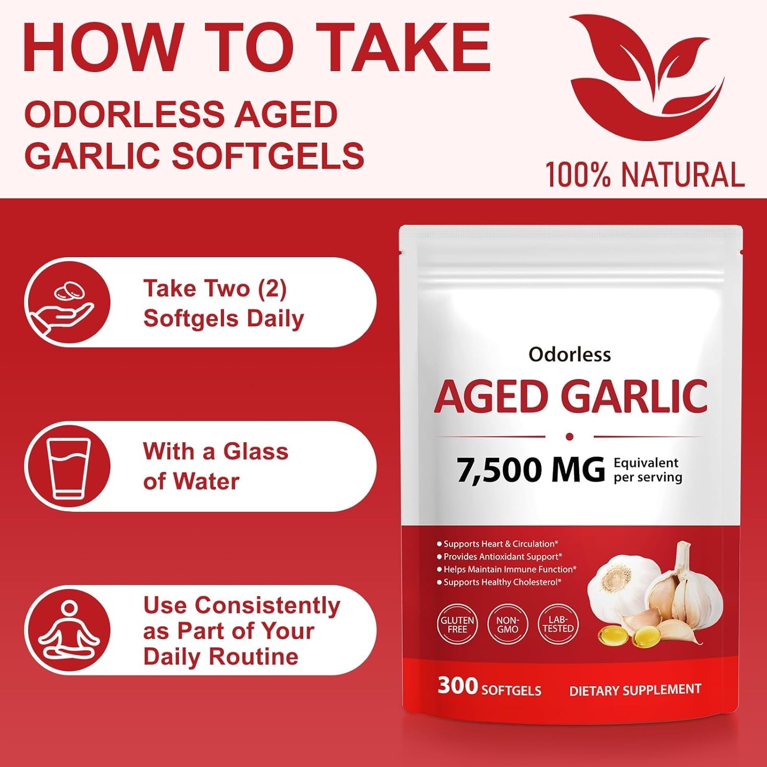 1 PACK AcentiaLabs Aged Garlic Extract, 300 Softgels, 7500mg | Heart & Immune