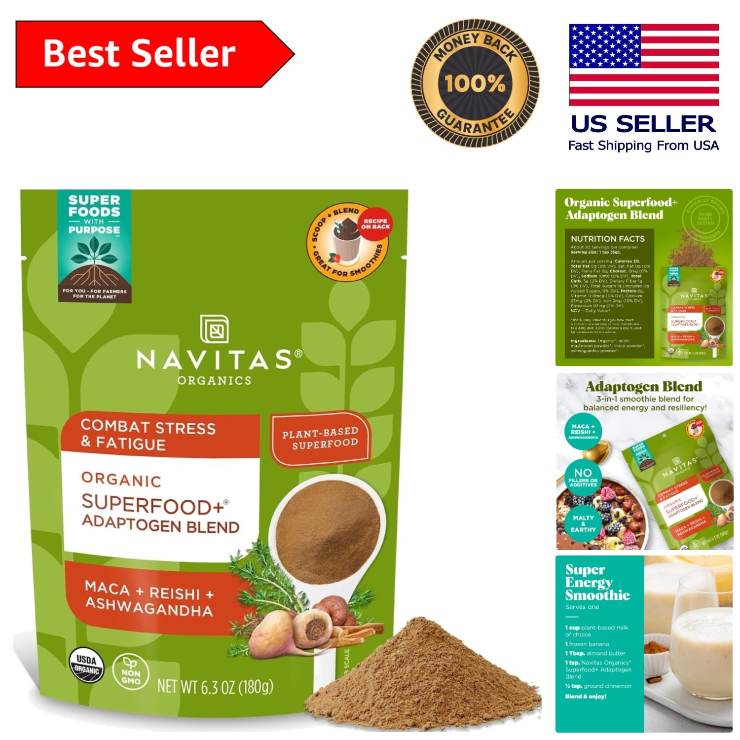 Organic Maca, Reishi & Ashwagandha Adaptogen Blend – Stress Relief 6.3 OZ