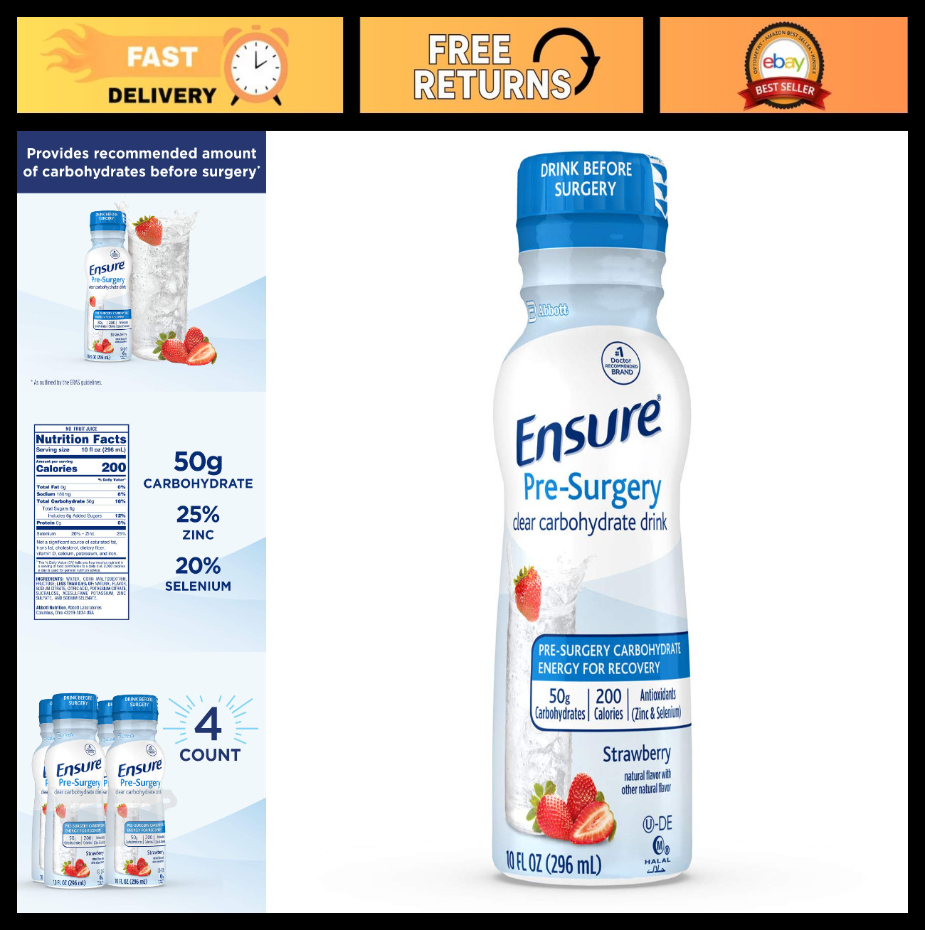 Clear Carbohydrate Drink for Pre-Surgery, Strawberry Flavor, 10 fl oz, 4 Pack