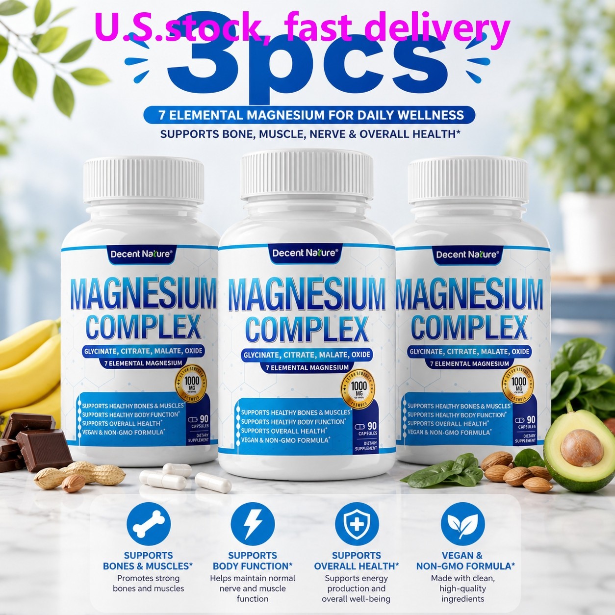 Decent Nature Magnesium Complex, 1000mg, 7 Elemental Magnesium, 90 Capsules