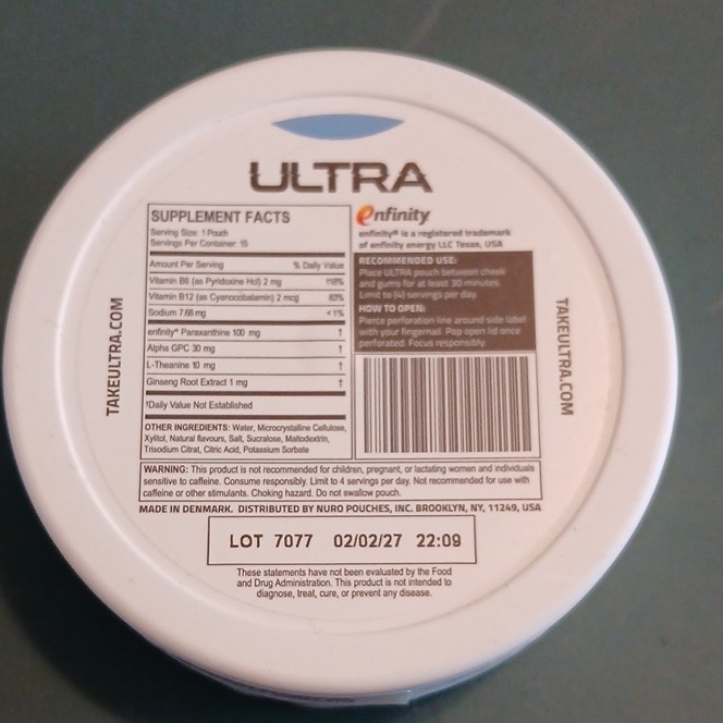 ULTRA Focus Pouches Cool Mint Strong Zero Nicotine Dietary Supplement 15 Count