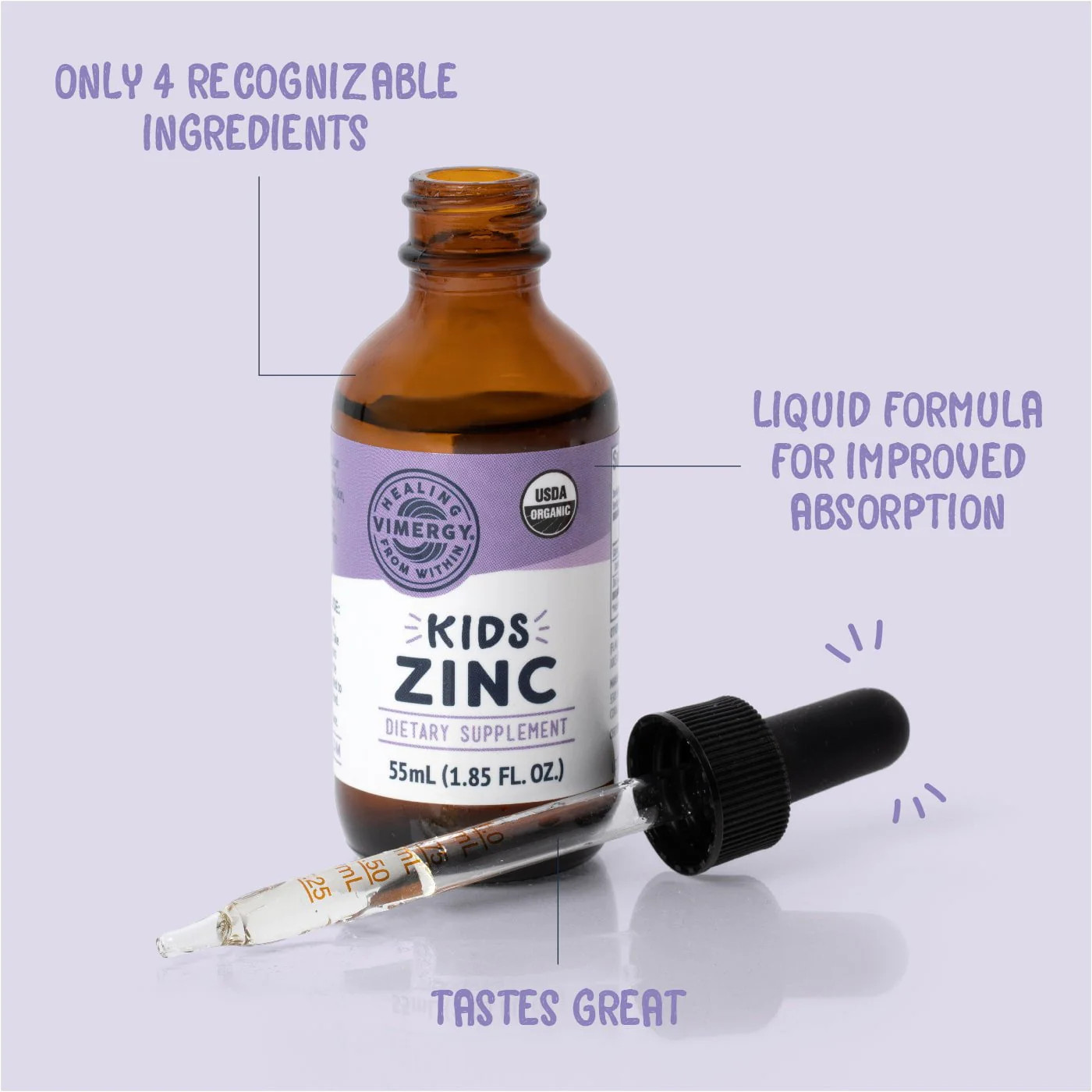 Vimergy Kids Organic Zinc Sulfate– 55 ml | Ages 1-18 | Liquid Minerals |