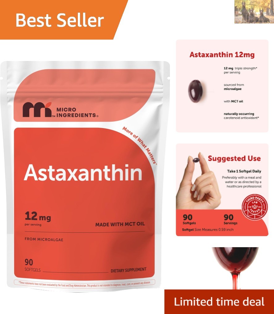 Astaxanthin 12mg Softgels with MCT Oil – Non-GMO, Gluten-Free, 90 Servings