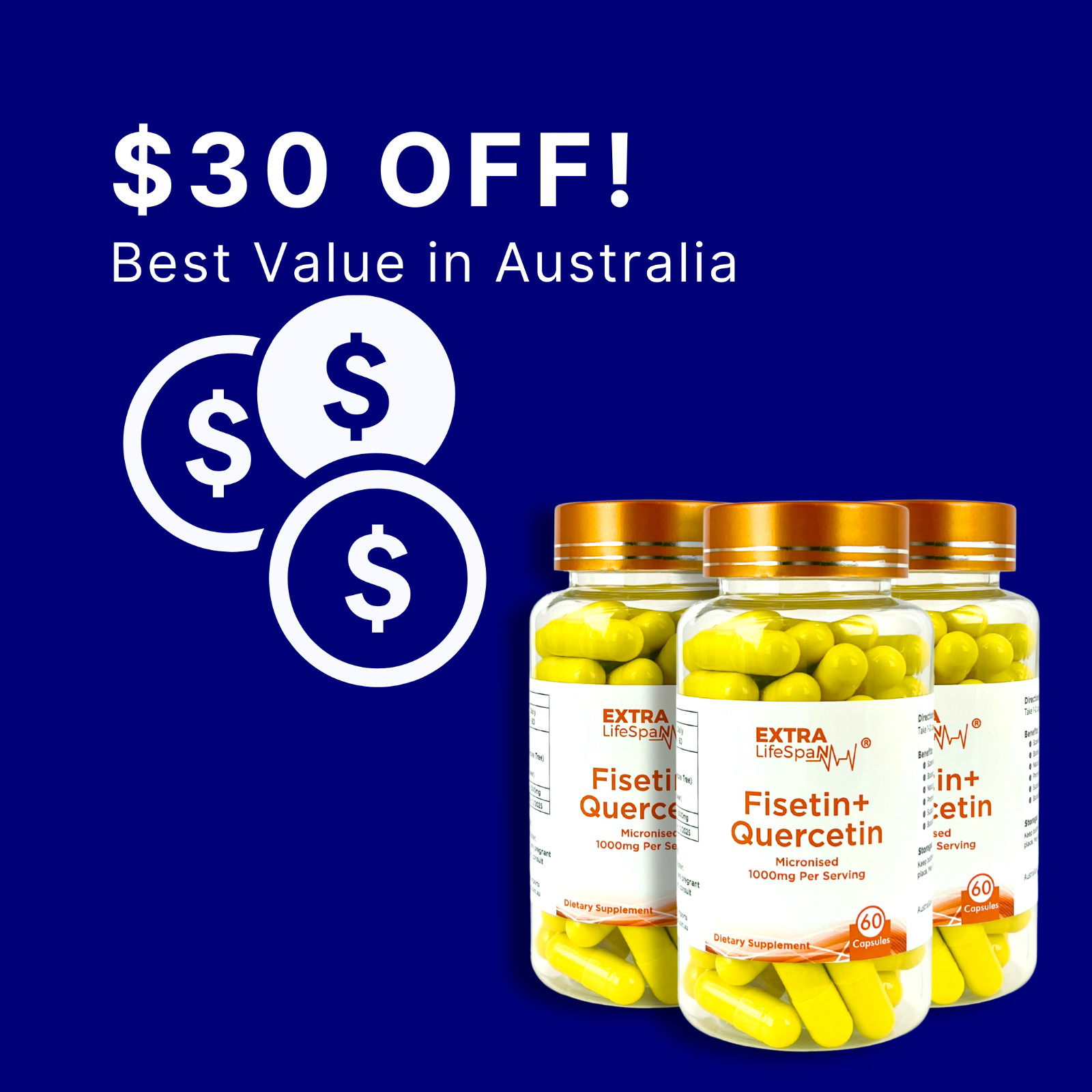 Fisetin 99.8% Quercetin 99.8% Australia 500mg 3 x 60s Extra Lifespan Supplements