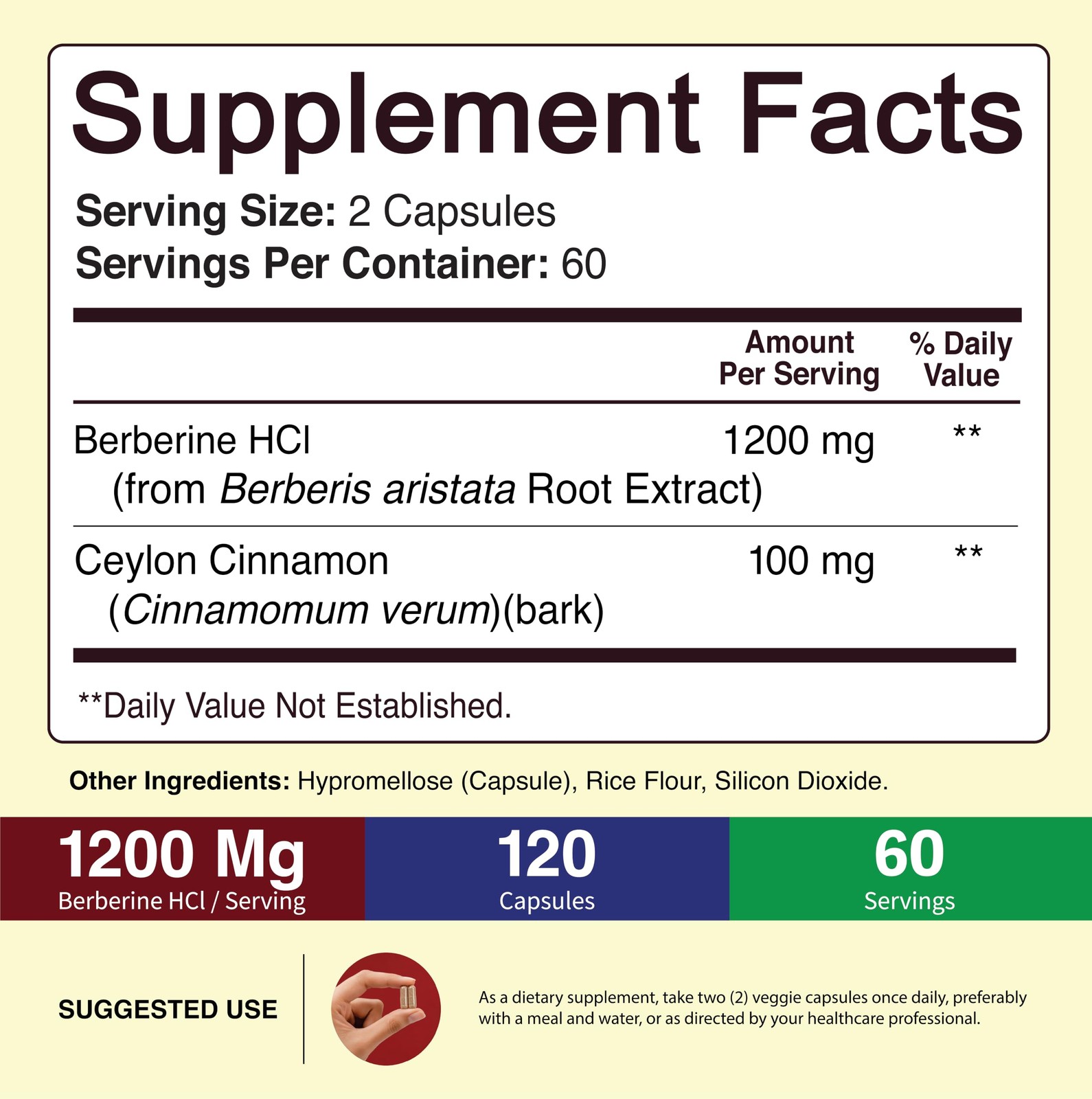 Berberine HCl 1200mg, 120 Capsules – Plus Ceylon Cinnamon, Berberine HCI Root…