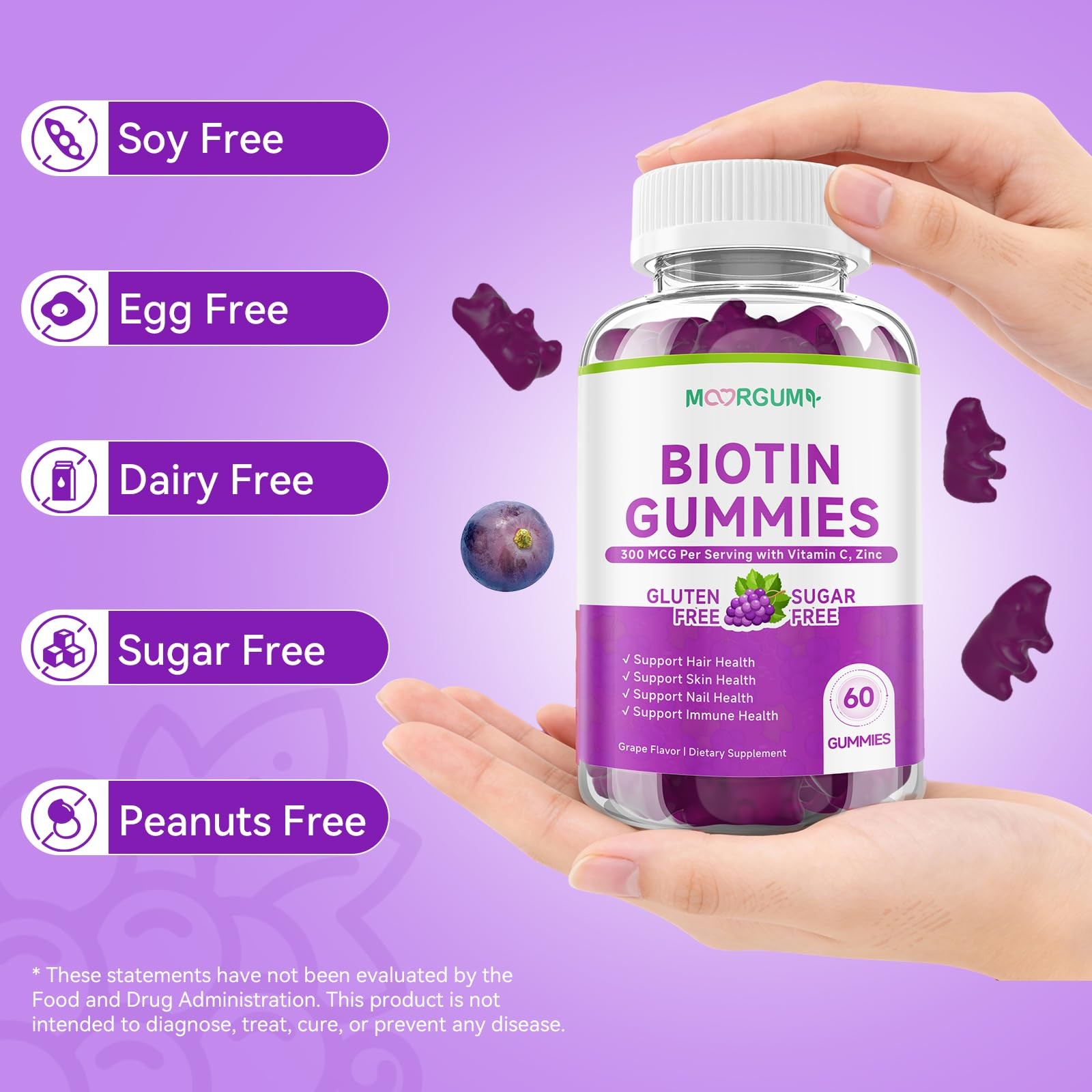 Sugar Free Biotin Hair, Skin & Nails Gummies, Supports 60 Count (Pack of 1)