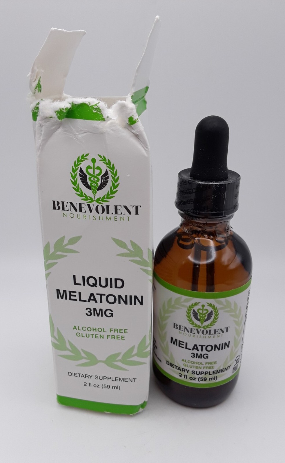 Benevolent Liquid Melatonin 3 mg 2 fl oz Liquid (59mL) Exp 1/2028 Box Damaged