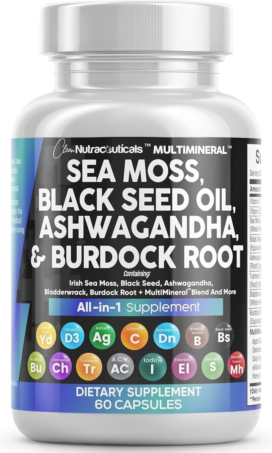 60 Caps Clean Nutraceuticals Sea Moss Blend Black Seed Ashwagandha Vitamins