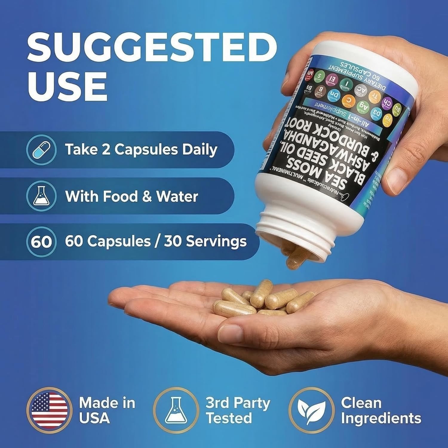 60 Caps Clean Nutraceuticals Sea Moss Blend Black Seed Ashwagandha Vitamins