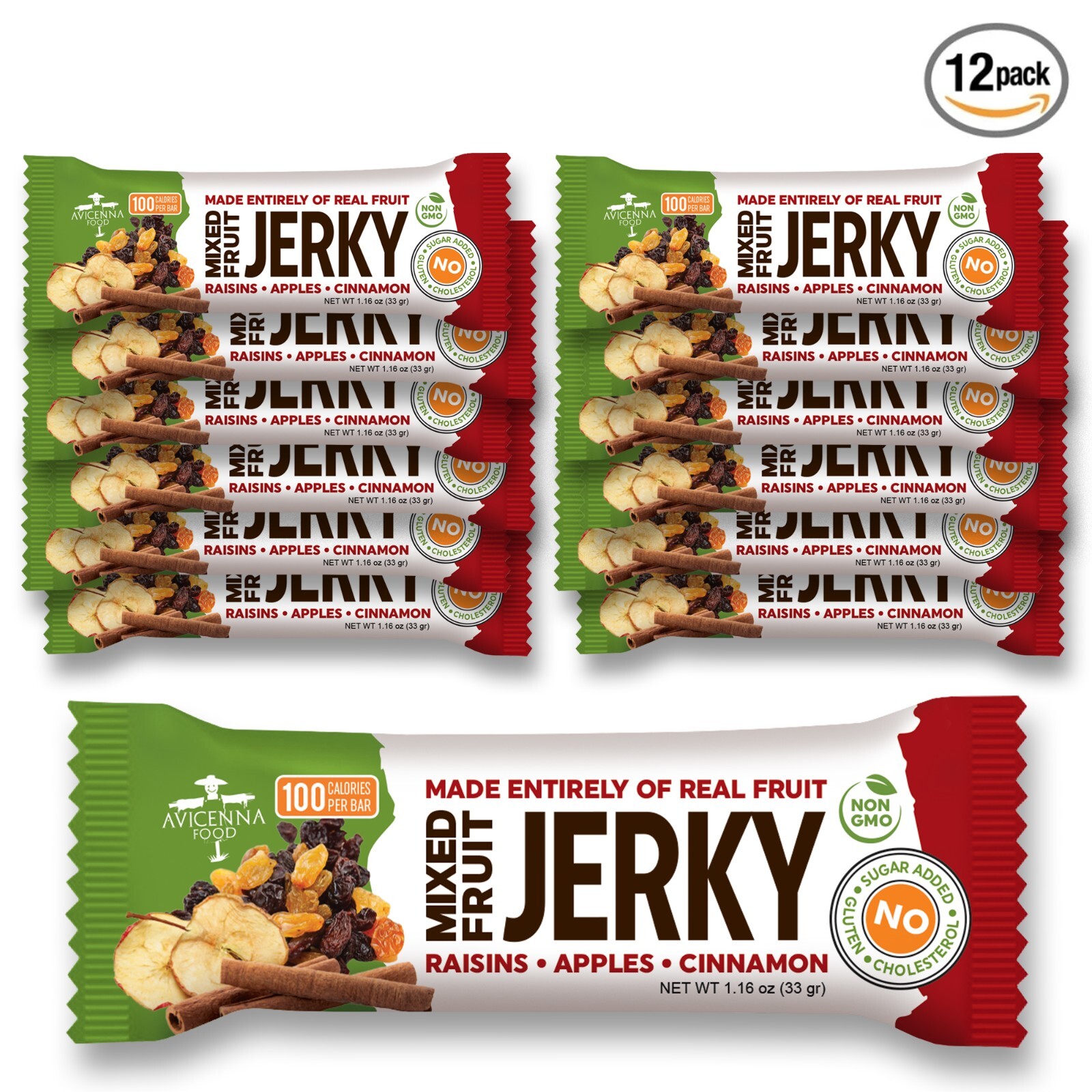 12 Natural Fruit Jerky Bars Dried Apples Raisins Cinnamon Snack 13.9 Oz Vegan