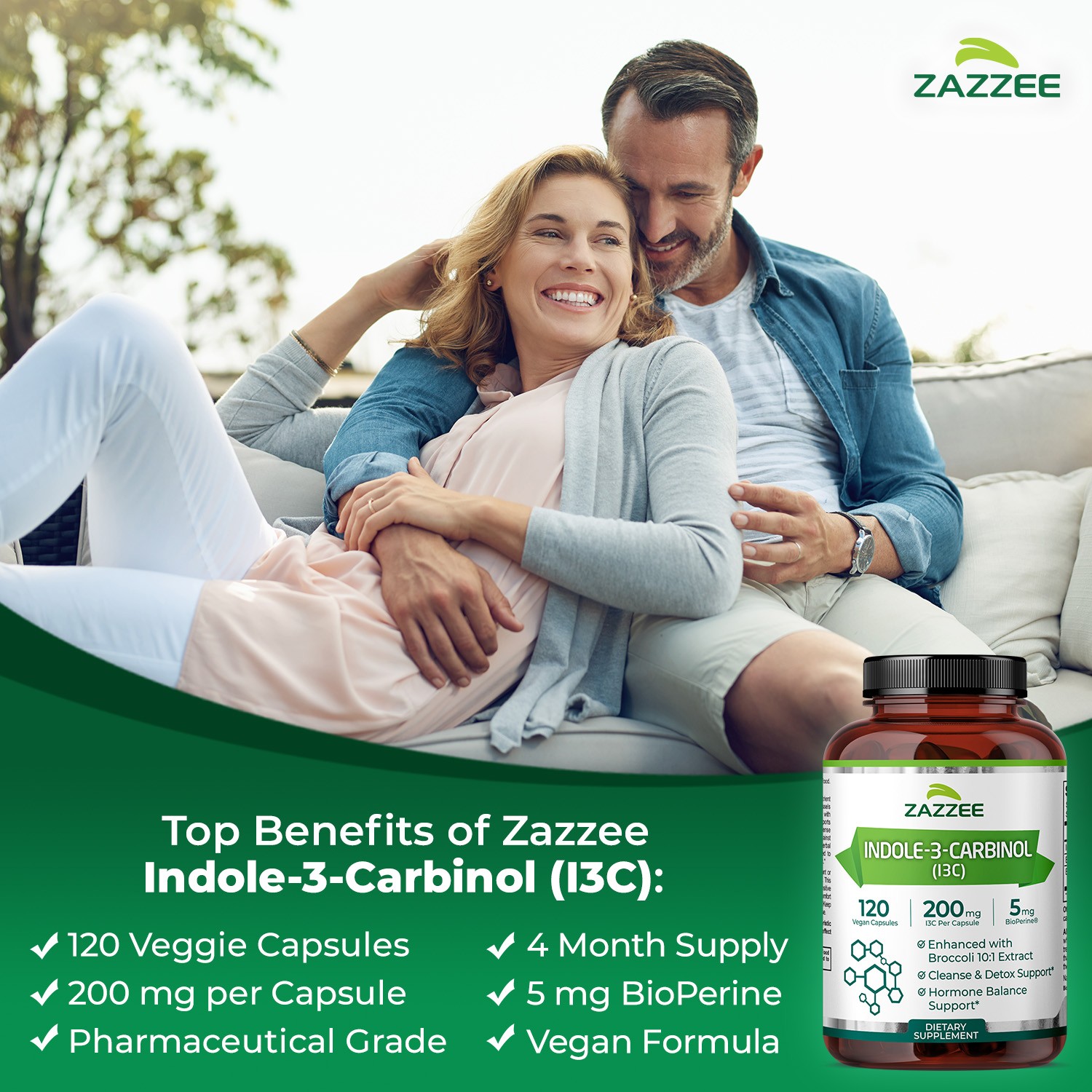 Indole-3-Carbinol (I3C) 120 Veggie Capsules 200 mg 100% Pure 10 mg BioPerine