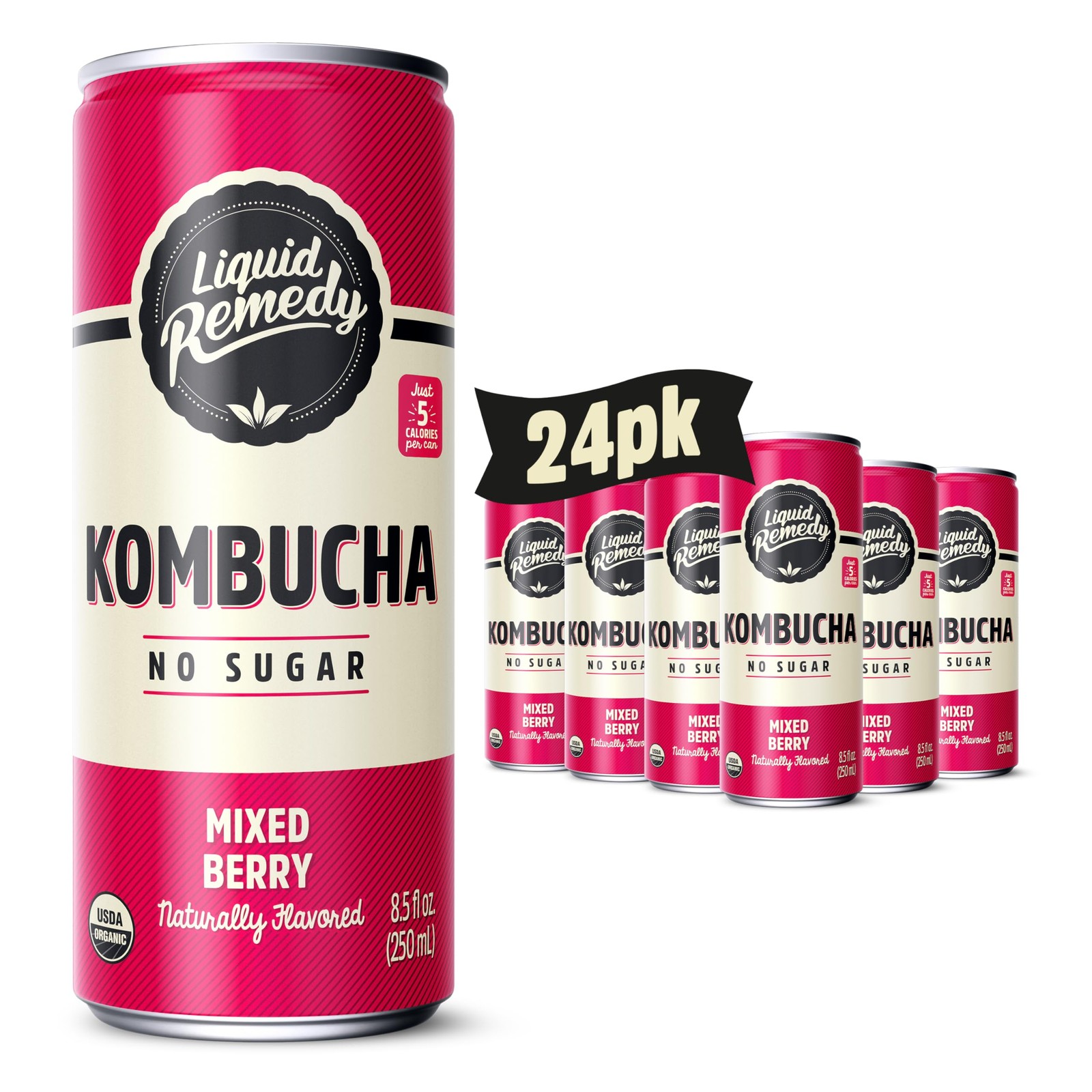Liquid Remedy Kombucha Sugar Free Organic Drink, Mixed Berry – 8.5 Fl Oz Can, 24