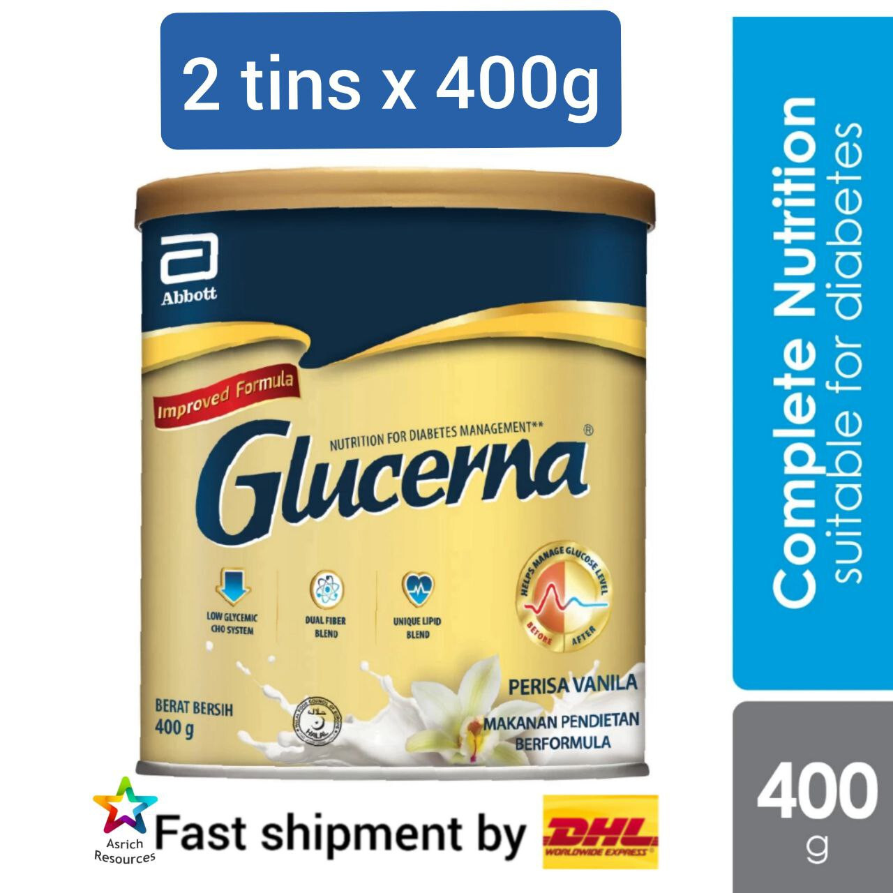 2 cans Glucerna 400g Triple Care Diabetic Milk (Vanilla Flavor)~FAST SHIP by DHL
