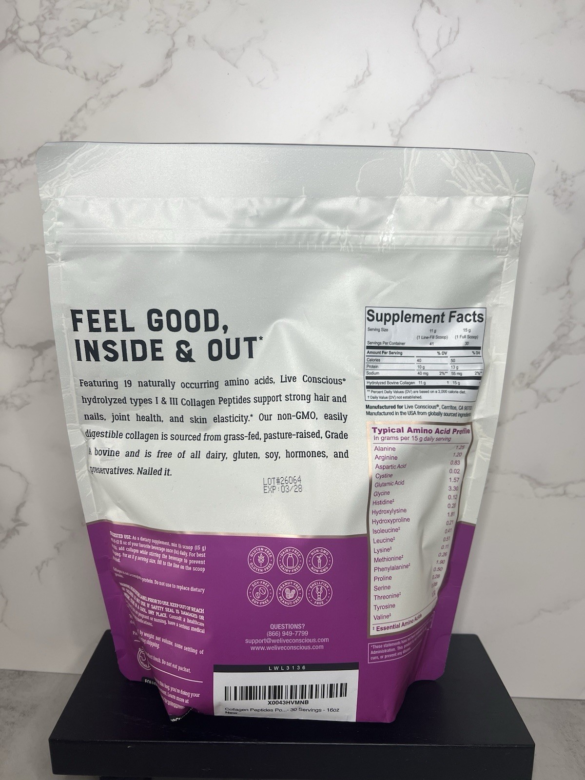 Live Conscious Collagen Peptides Powder Unflavored 16 oz Non-GMO Exp 03/28
