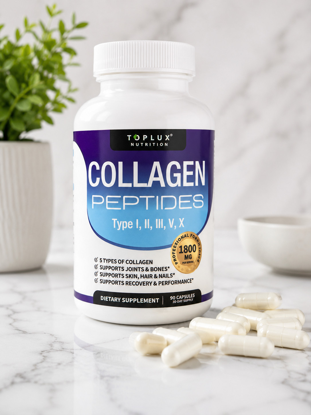 Toplux Nutrition Collagen Peptides Types I II III V X 90 Capsules Supplement