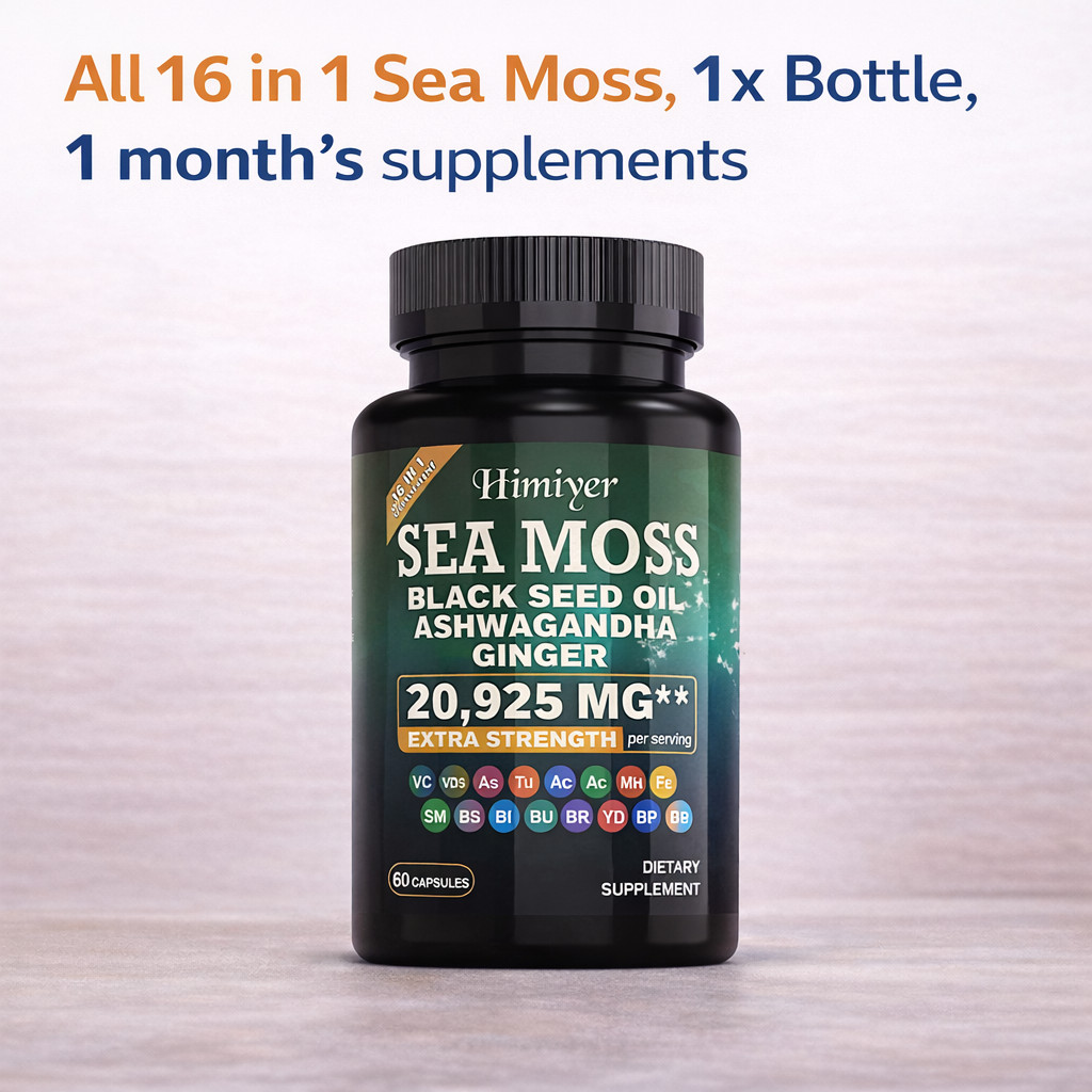 16 in 1- Sea Moss, Ashwagandha, Black Seed Oil Ginger Turmeric, 3 Bottle 180pcs