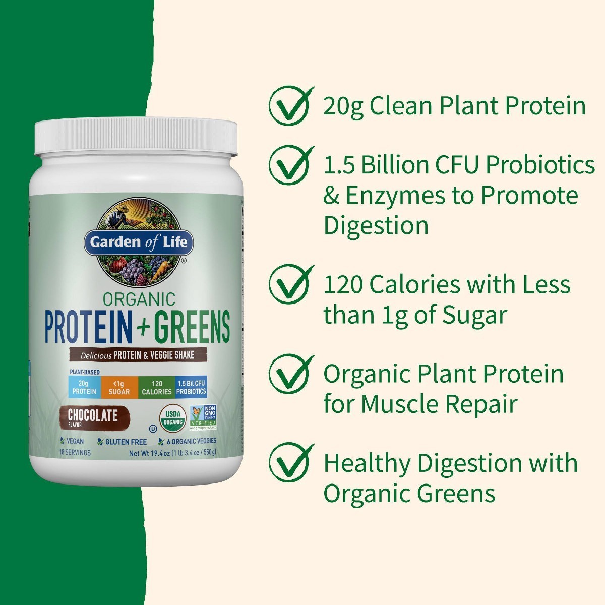 Garden of Life Organic Vegan Protein +Greens Plant Based Shake Mix Powder 19.4oz