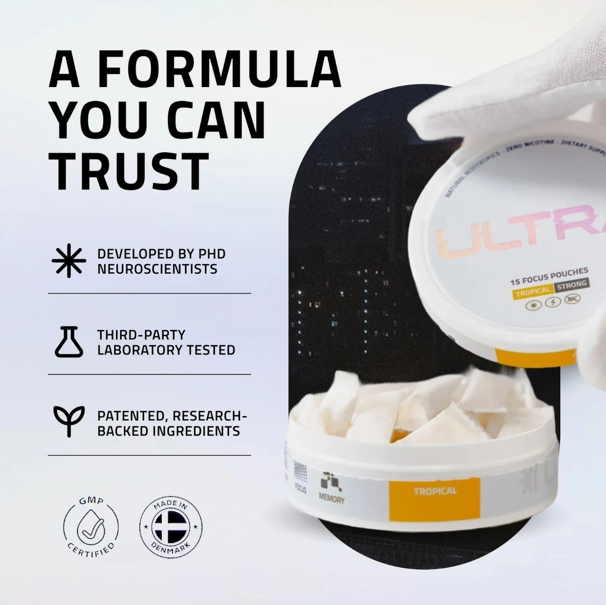 Ultra Focus Pouches Tropical Pack, 3, 6, or 9 Cans Nicotine-Free, Caffeine-Free