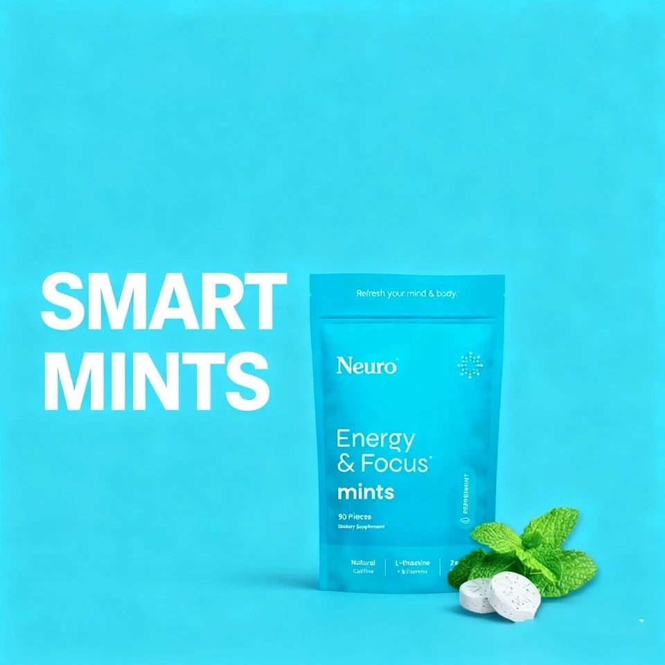 Neuro Energy & Focus mints Energy Supplement with L-Theanine & VB 90ct