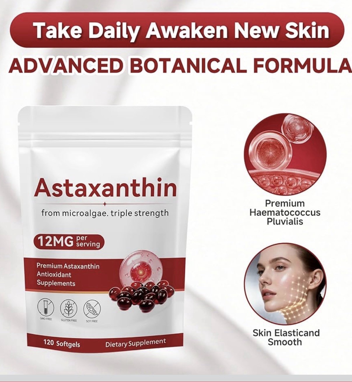 4 pcks Astaxanthin 12mg Antioxidant Softgels 120 ct GMO/Gluten/Soy Free