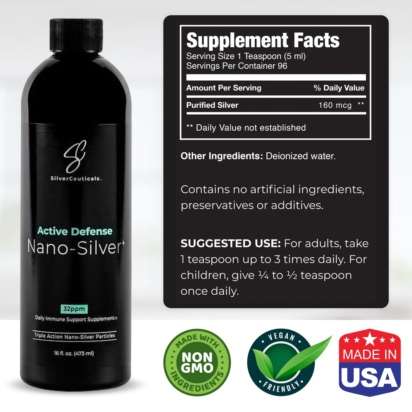 Colloidal Silver w/Nano Technology 32ppm 16oz 8X More Effective Natural Im…