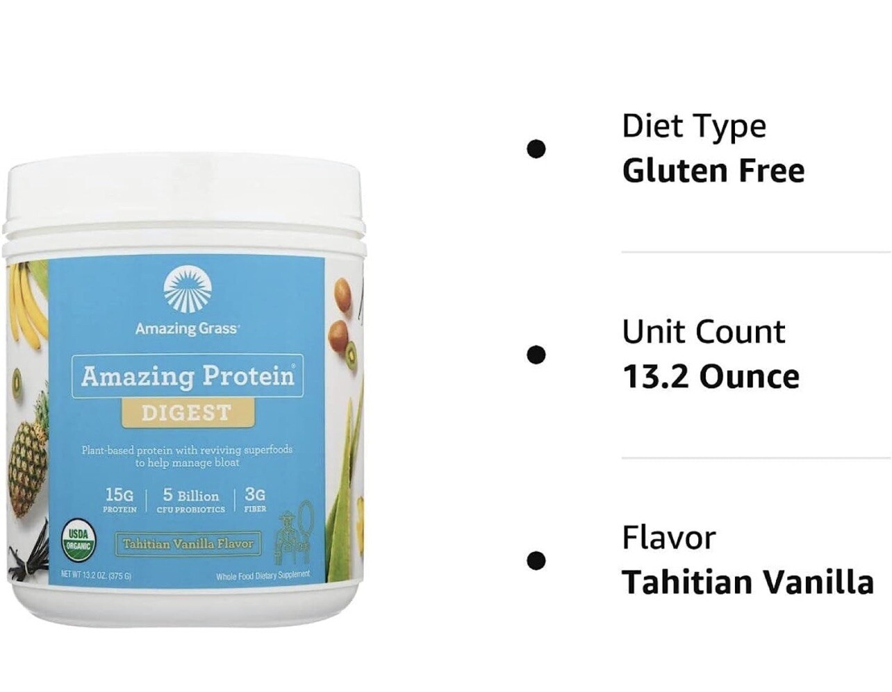 Protein Powder Amazing Grass DIGEST Vegan + Probiotics, Tahitian Vanilla, 2 Pack