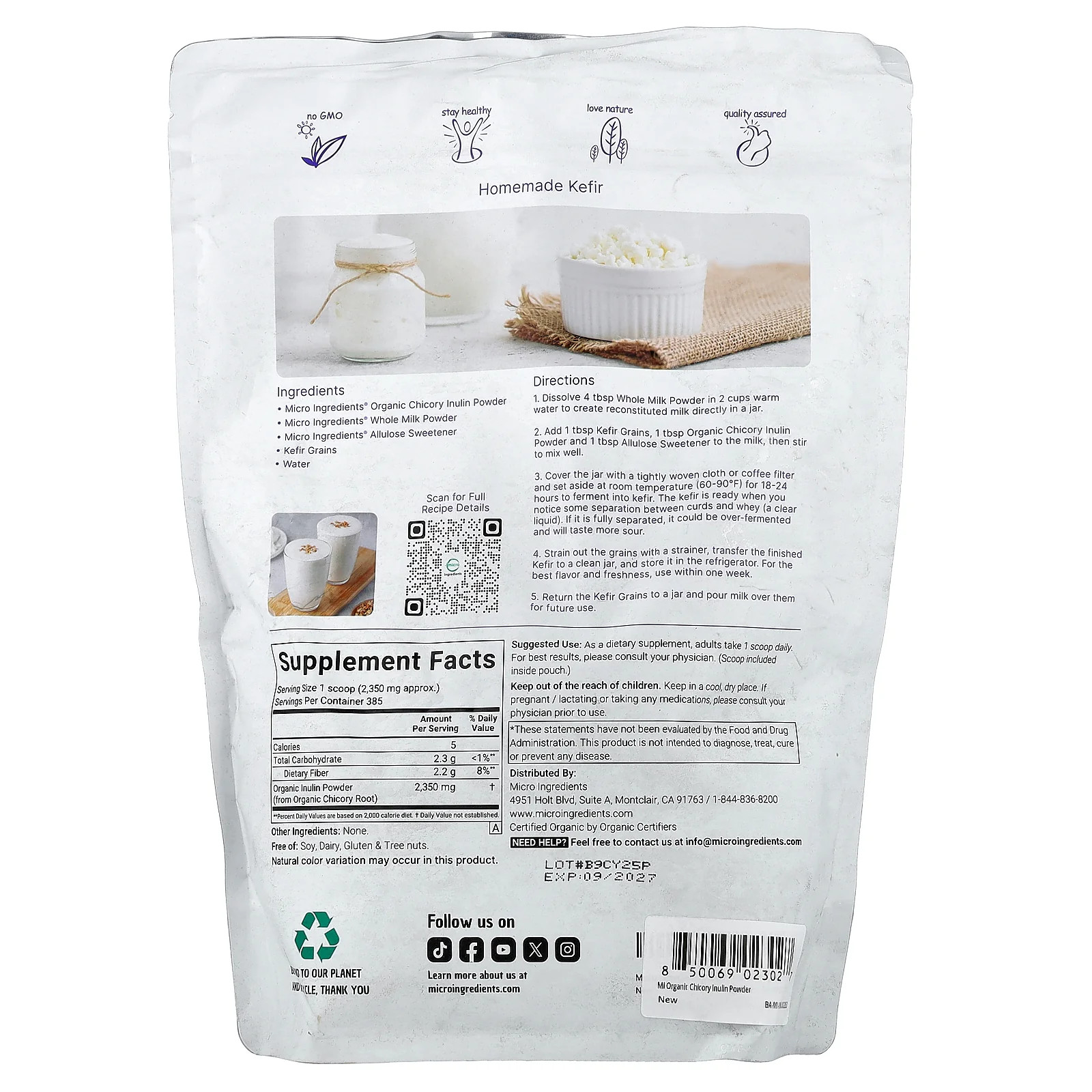 2 X Micro Ingredients, Organic Inulin Powder From Chicory Root, 2 lb (907 g)
