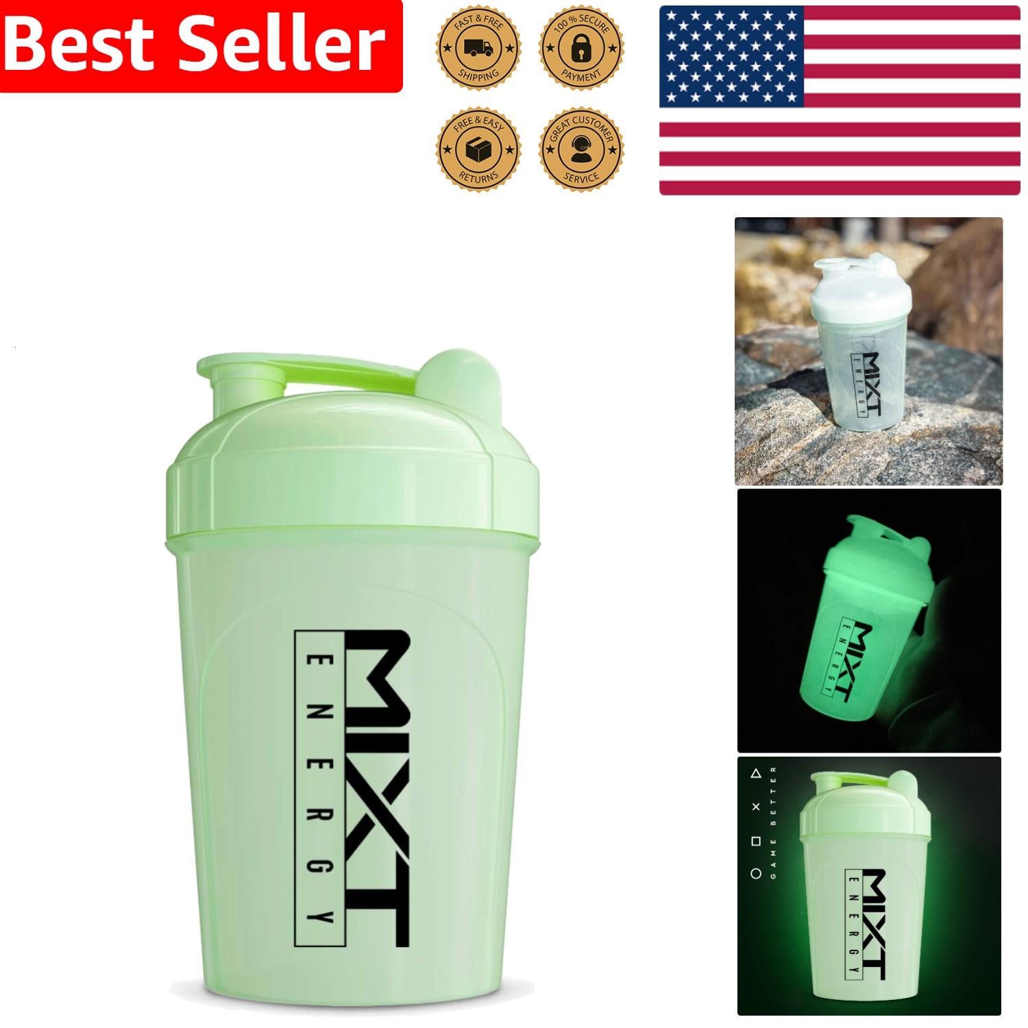 Workout Bottle 16oz Glow Dark BPA Free Reusable Supplement Mixer Shaker