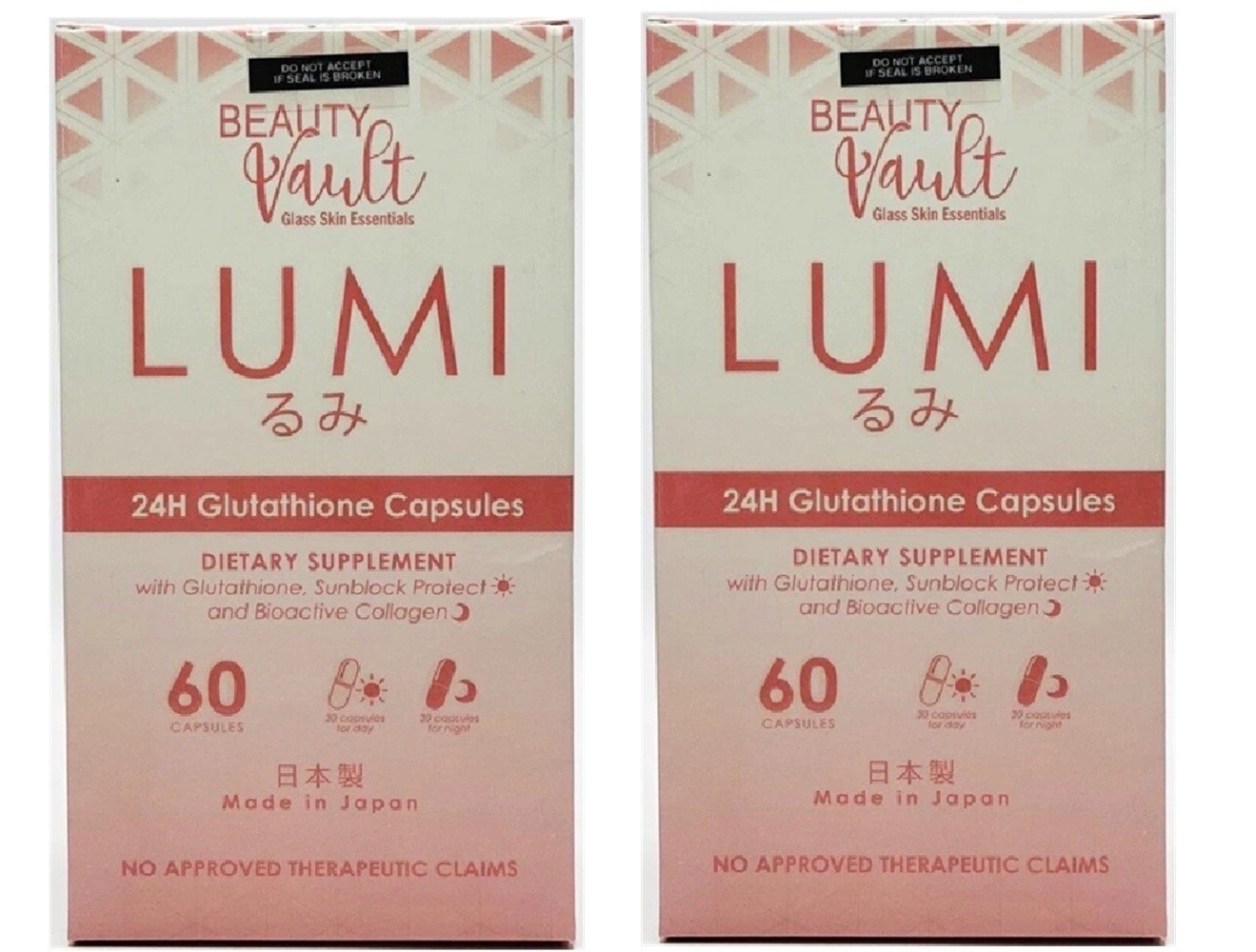 Beauty Vault LUMI 24H Glutathione Capsules, 60 Capsules (US Seller) – 2 Pack