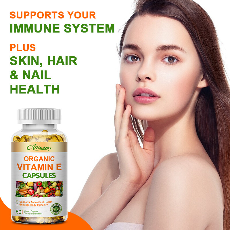 Organic Vitamin E Capsules Supplement for Hair Skin Nail Face Eye Health Vegan