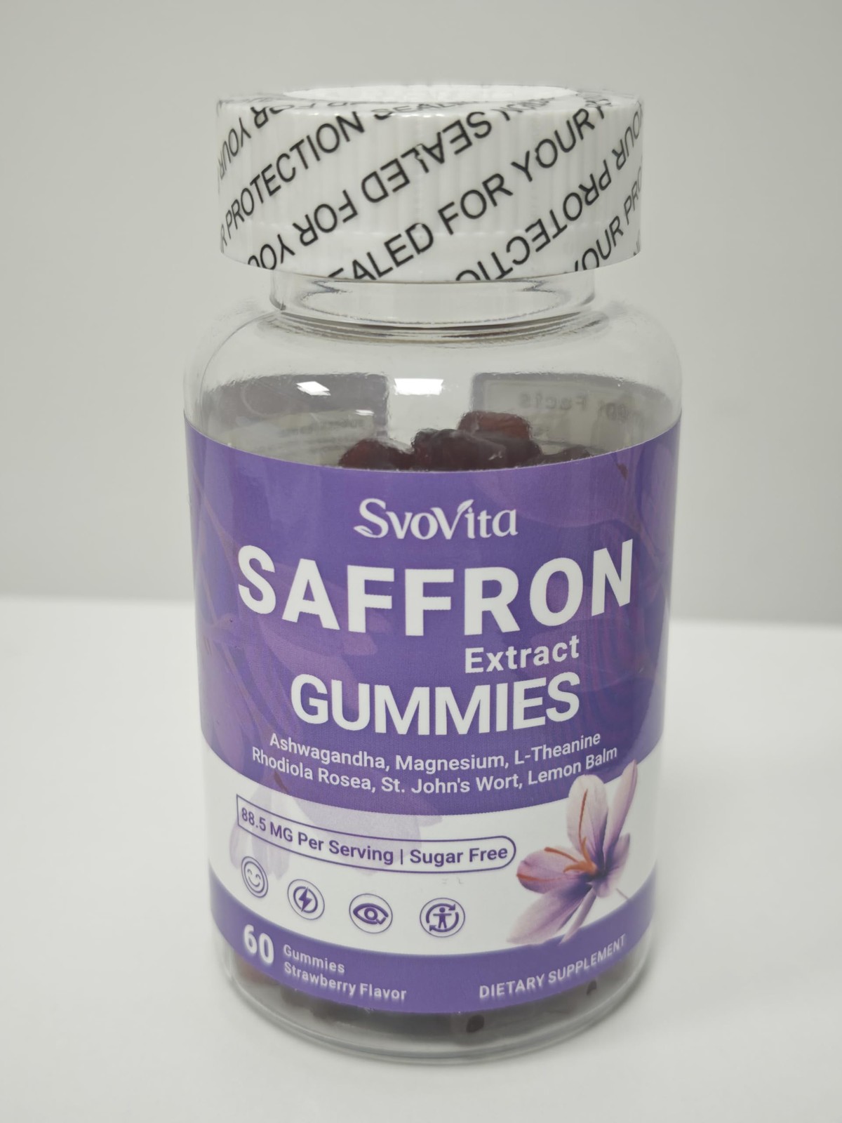 Svovita Saffron Gummies 88.5 mg Ashwagandha St Johns Wort Sugar Free Vegan 60 Ct