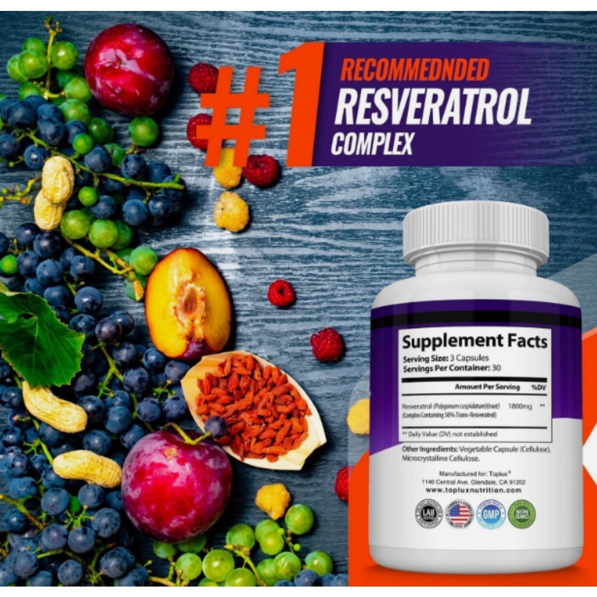 Toplux Resveratrol Complex,1800mg Antioxidant,Cellular Natural Health