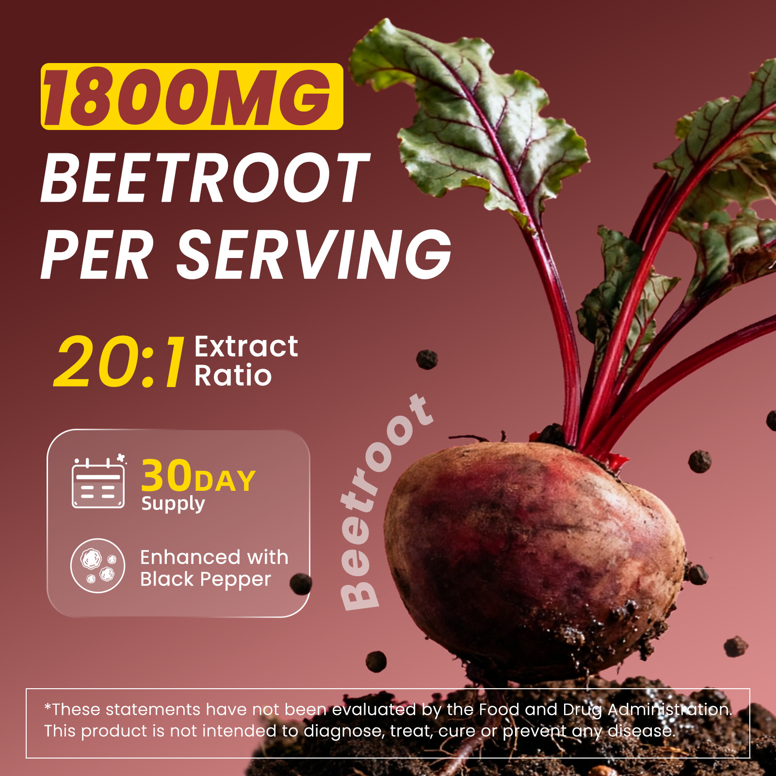 Beet Root 1800 mg Strength 20:1 Extract, Nitric Oxide,Heart Health Support 90ct
