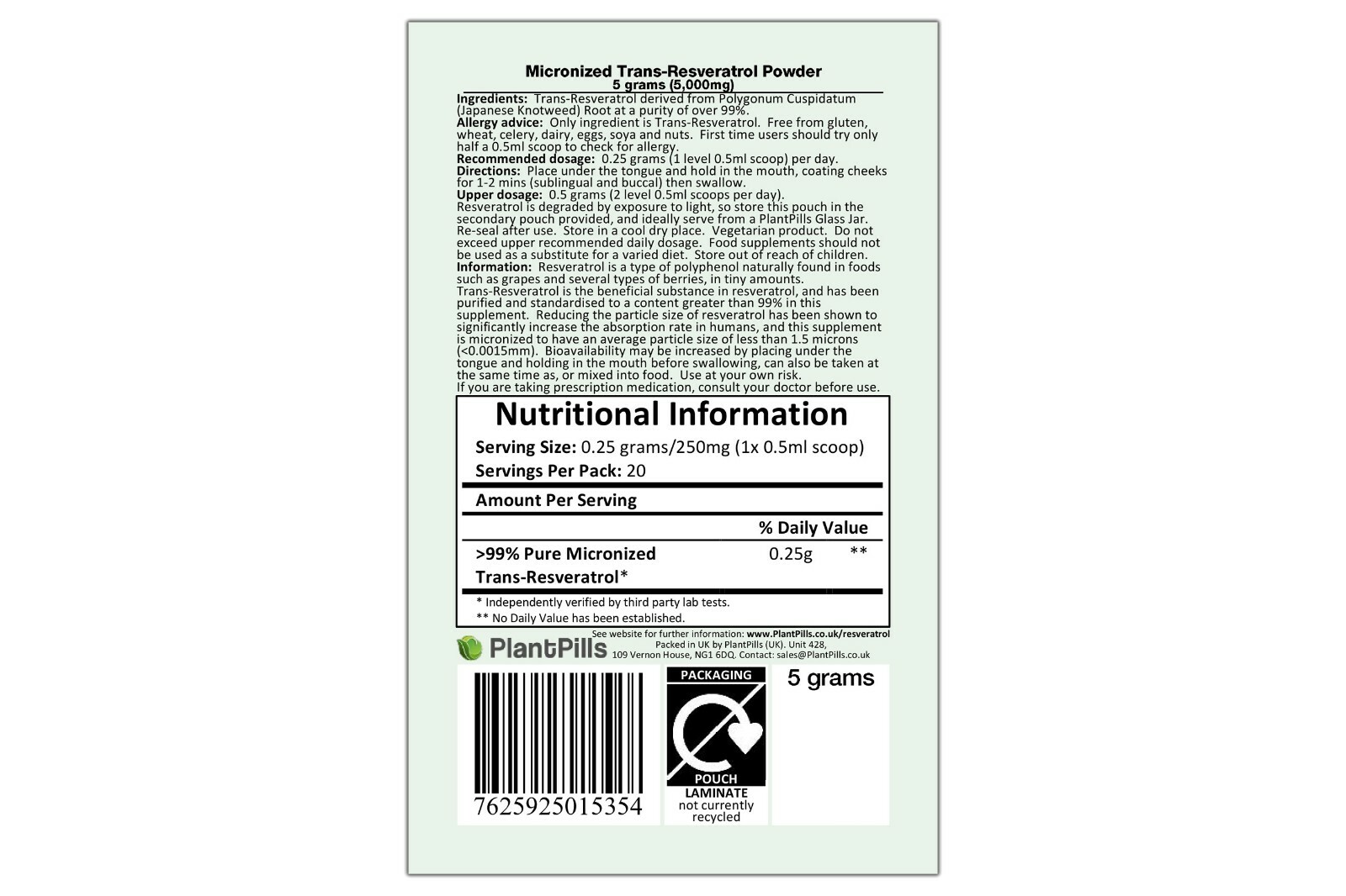 5 grams PlantPills Micronized Trans-Resveratrol Powder >99% Certified Purity