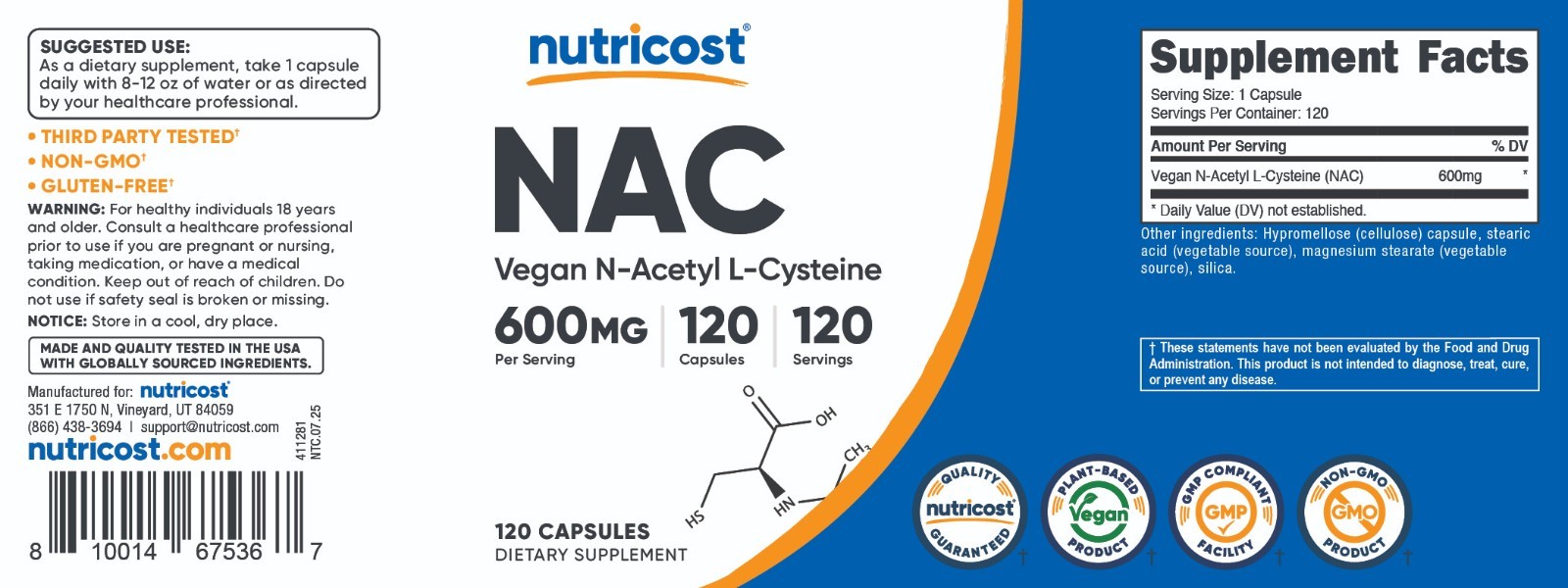 Nutricost N-Acetyl L-Cysteine (NAC) 600mg, 120 Vegan Capsules – Non-GMO