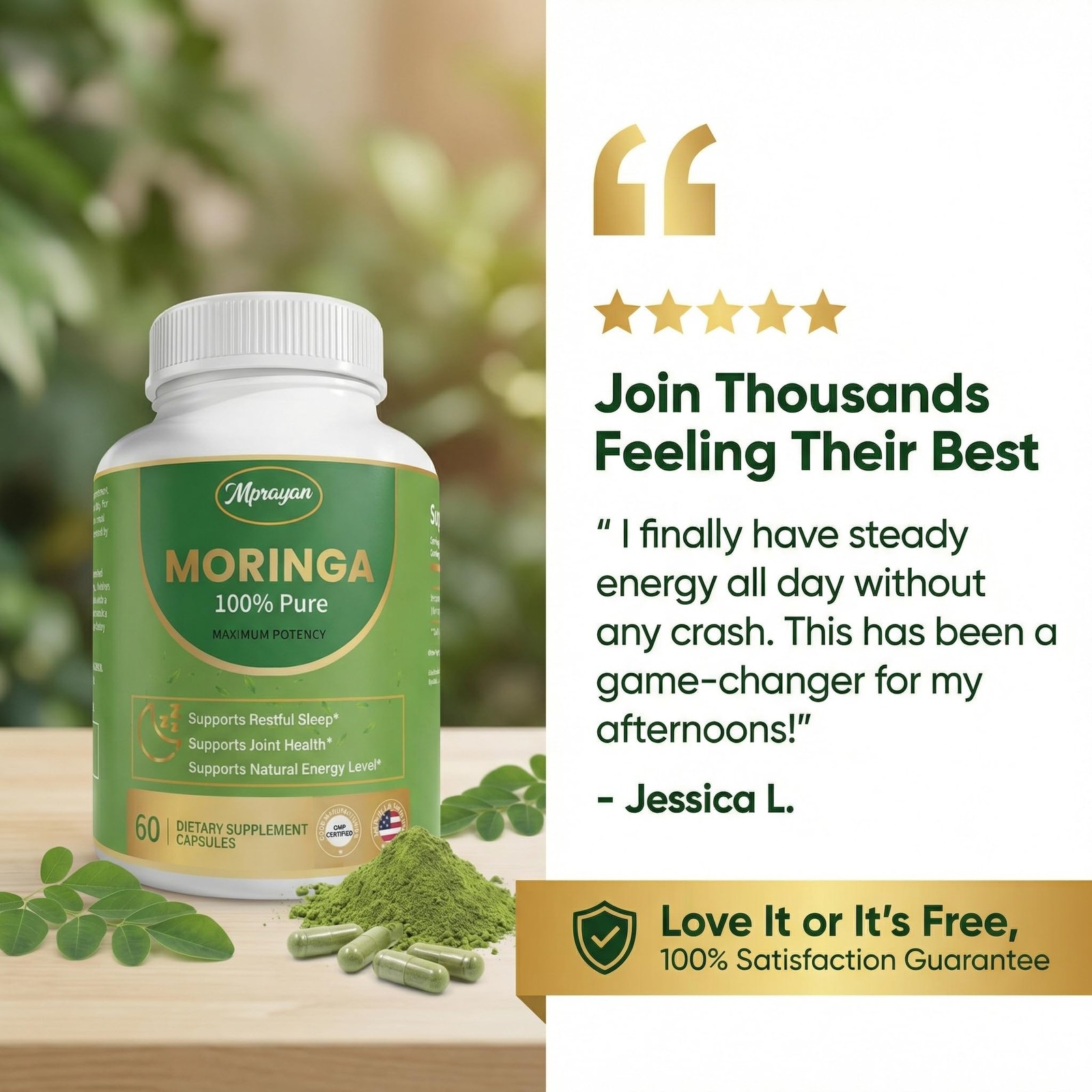 Mprayan Moringa Capsules 800Mg Moringa Oleifera Leaf Powder Superfood Herbal