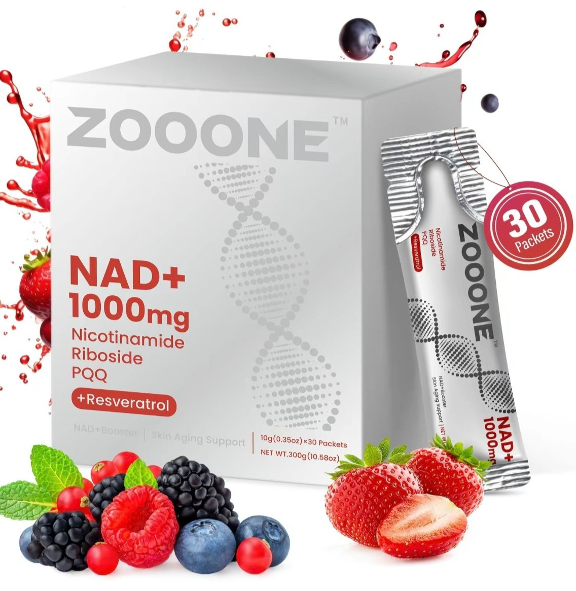 ZOOONE NR1000 NAD+ Drink Mix – High Quality Berry Flavor, Energy & Skin Relief,