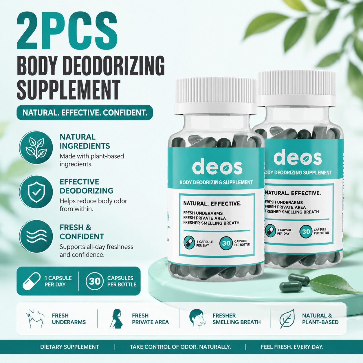 2 PACK DEOS Internal Deodorant Supplement for Full Body Odor Control-30-Capsule