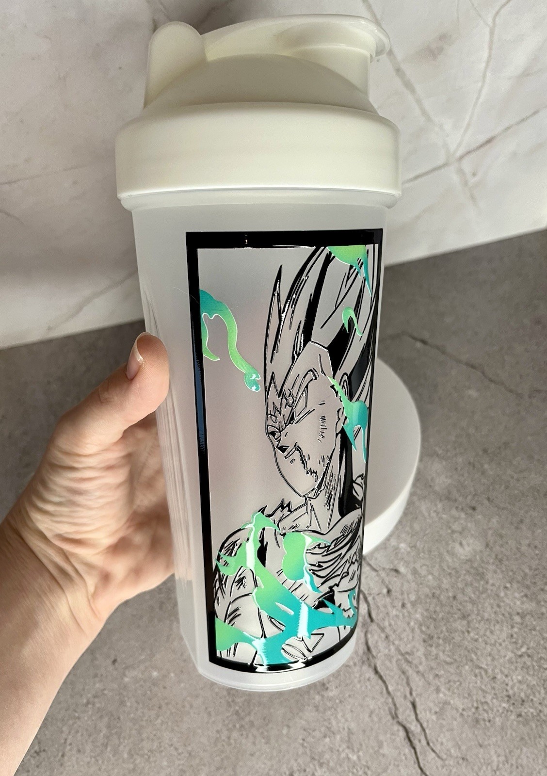 Anime Theme Vegeta Plastic Shaker Bottle 20oz Screw-on Lid White Clear Black
