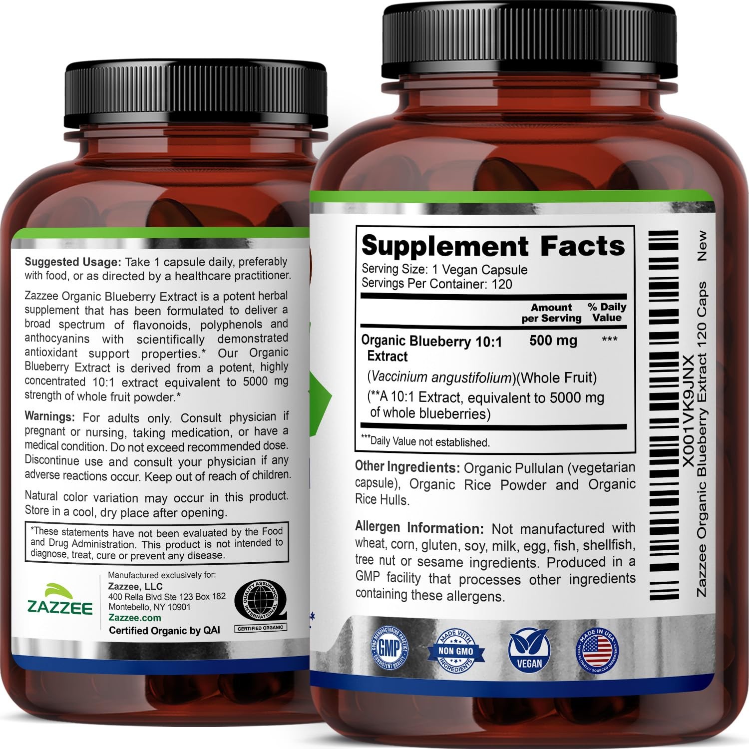 Zazzee USDA Organic Blueberry 10:1 Extract, 120 Vegan 120 Count (Pack of 1)