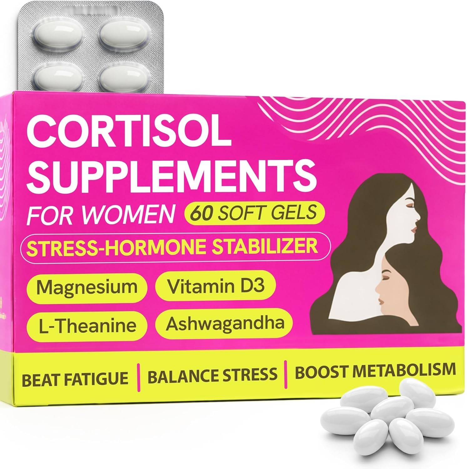 Cortisol Supplements for Women with Ashwagandha, Rhodiola | 60 Capsules