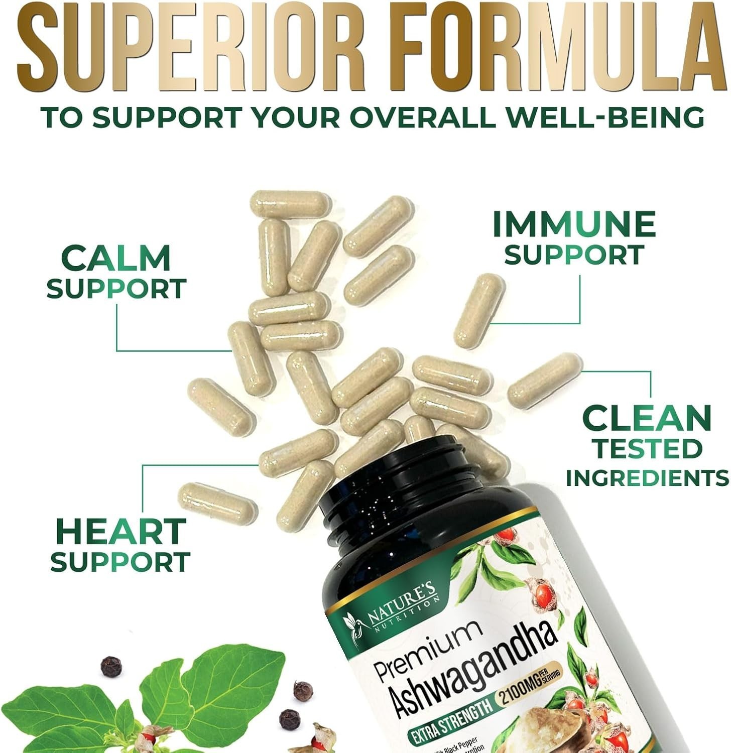 Organic Ashwagandha Capsules 2100mg Supplement w/ Black Pepper Root Powder