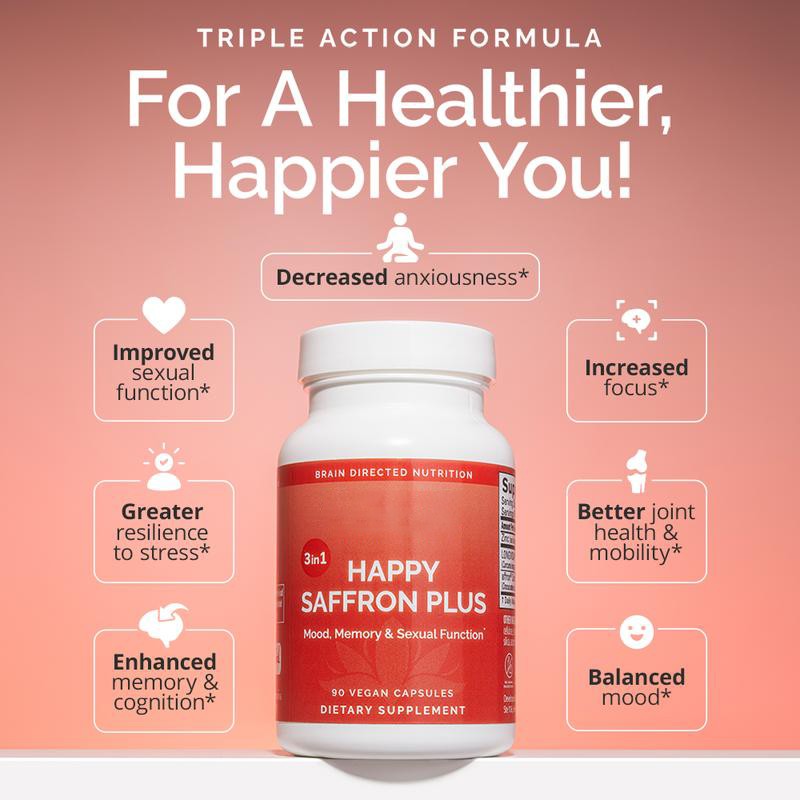 1-3X Happy Saffron Plus, 90 Vegan Capsules w/ Saffron Extract, Curcumin & Zinc++
