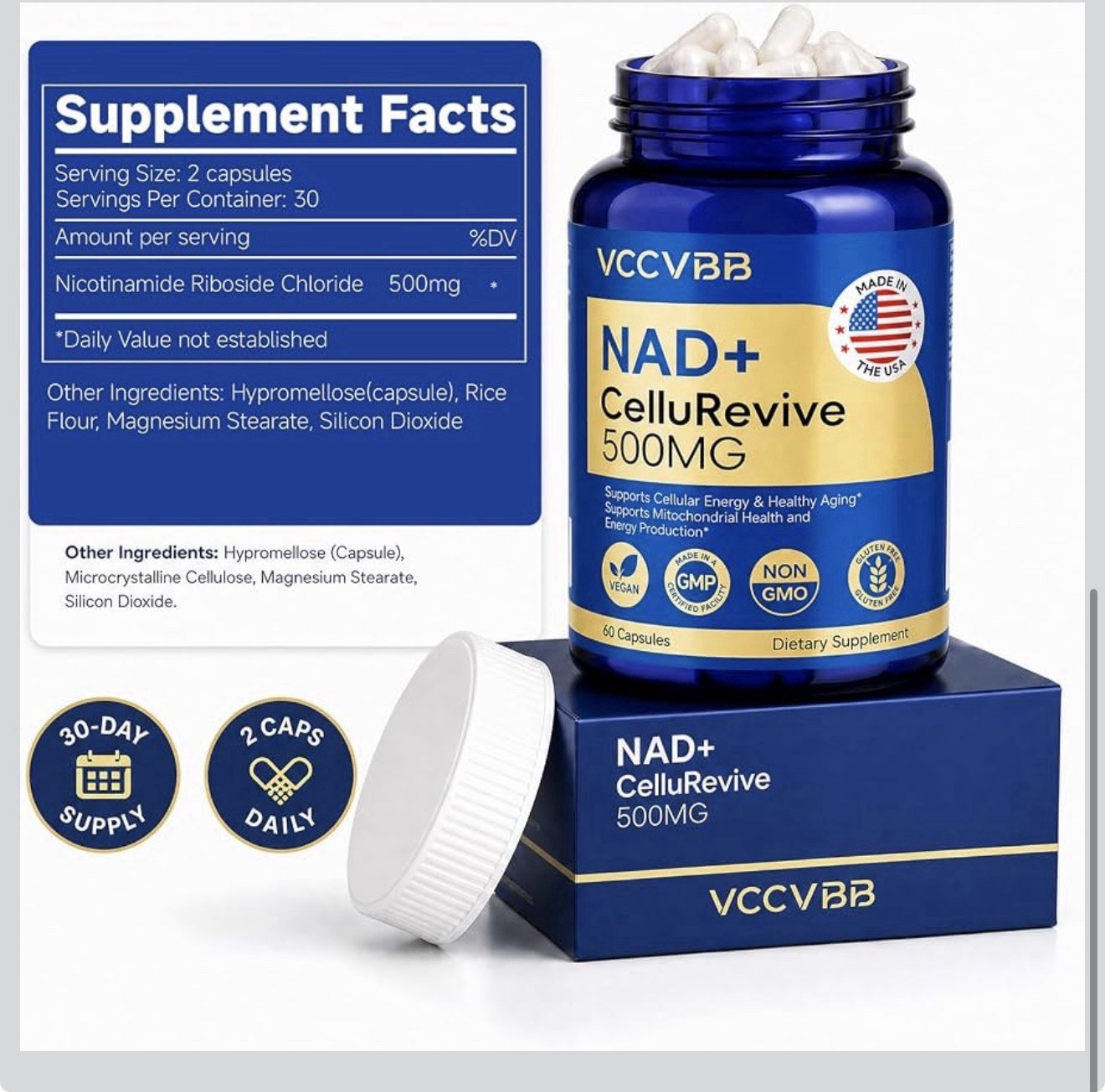 VCCVBB NAD+ CelluRevive 500mg 60 Capsules Nicotinamide Riboside Vegan