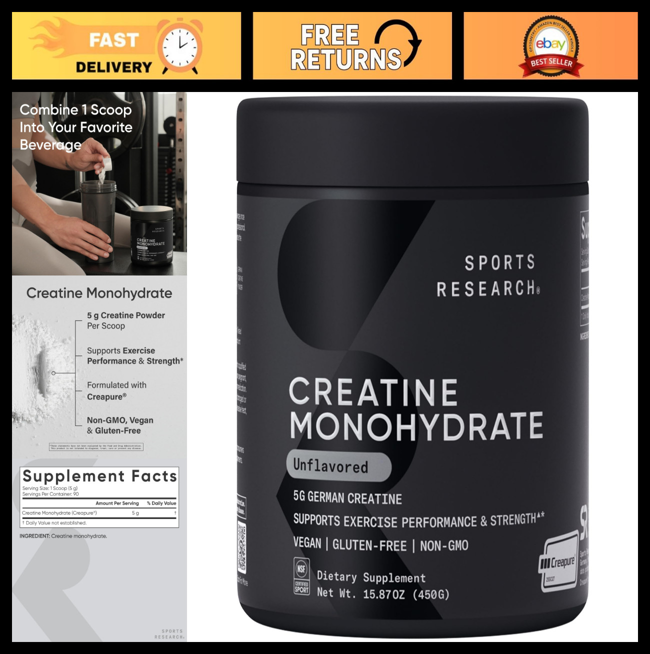 Creatine Monohydrate Powder – 5g German Creatine, Lean Muscle Gain, Workout Reco